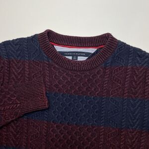Tommy Hilfiger Sweater Small Burgundy Navy Blue Striped Cable Knit Crewneck